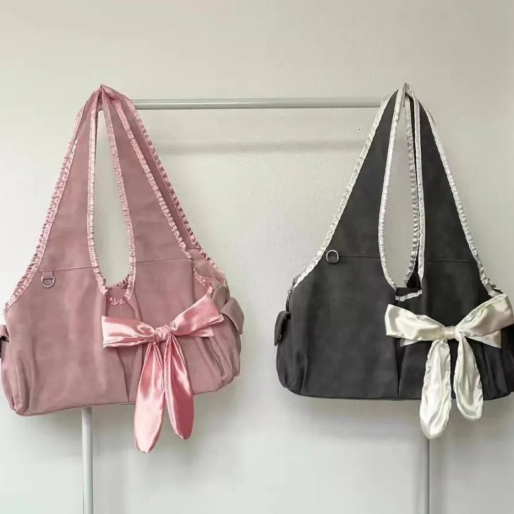 JIAERDI Harajuku Large Capacity Handbag Womens Fairycore Aesthetic Bow Unique Grey Handbag Womens Retro Cute Shoulder Bag 241106