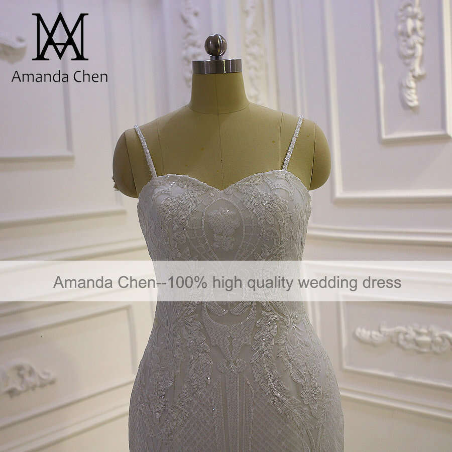 Spaghetti Straps Lace Applique Mermaid Off White Wedding dress