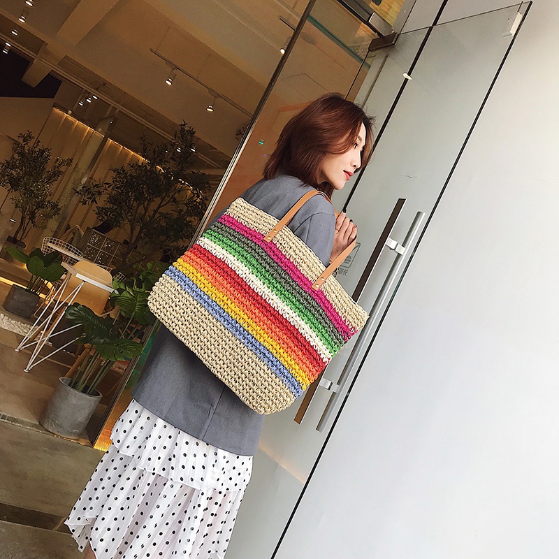 Fashion Lady Handbag Beach Rainbow Color Lady Handbag Shoulder Korean Version Of The Trend Beach Straw Bag