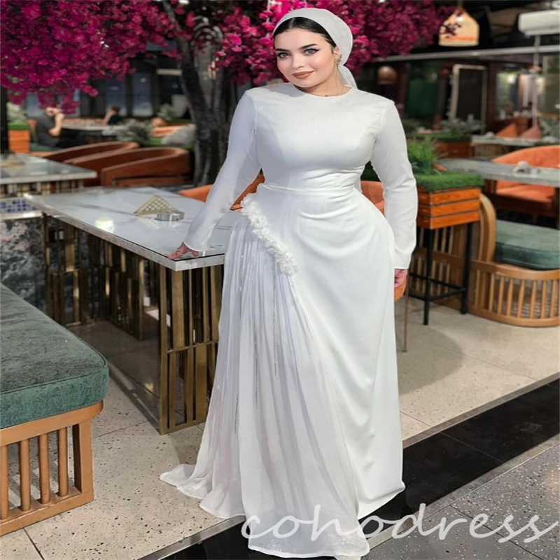 Minimalist Muslim Wedding Dresses O Neck Satin Long Sleeve Arabic Boho Bride Dress Elegant Country Farm Robe De Mariee Satin Vestio De Novia 2025