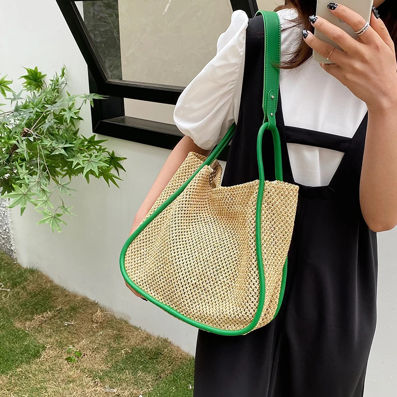 Straw Bag Women Hand-Woven Handbag Quality Leather Shoulder Bags Beach Lager Capacity Shopping Bag Rattan Bucket bolsos 241031