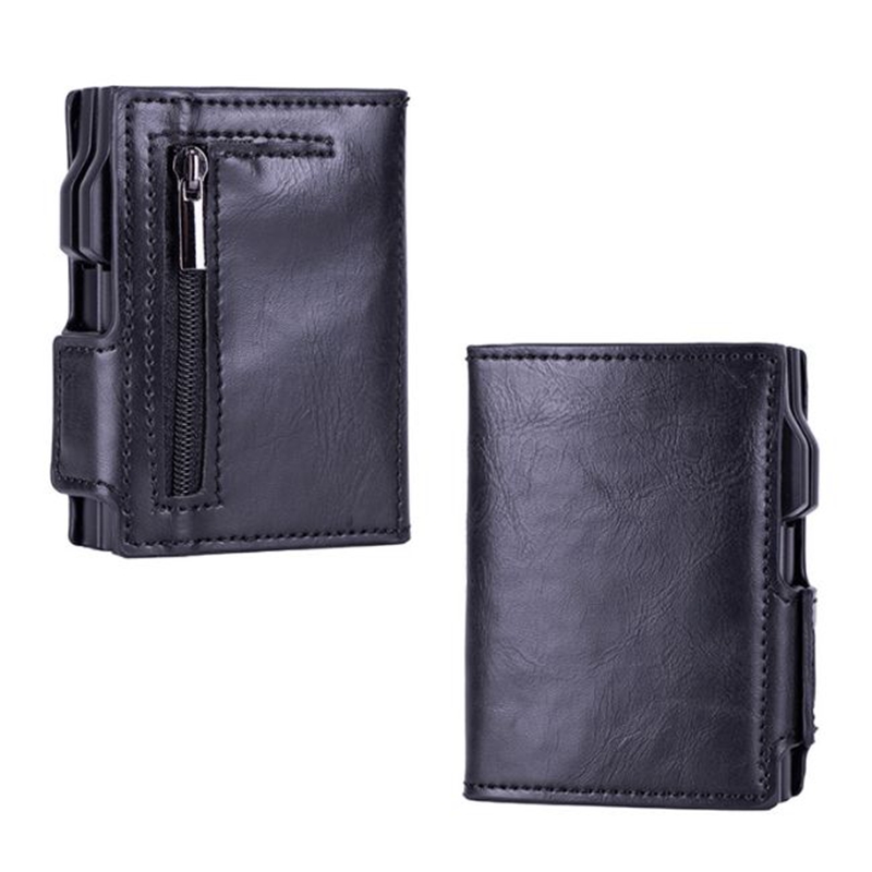 Large Capacity Leather Card Wallet for Men Air Airtag Rfid Double Aluminum Auto Pop Up Card Holder with Zipper Coin Pocket Purse