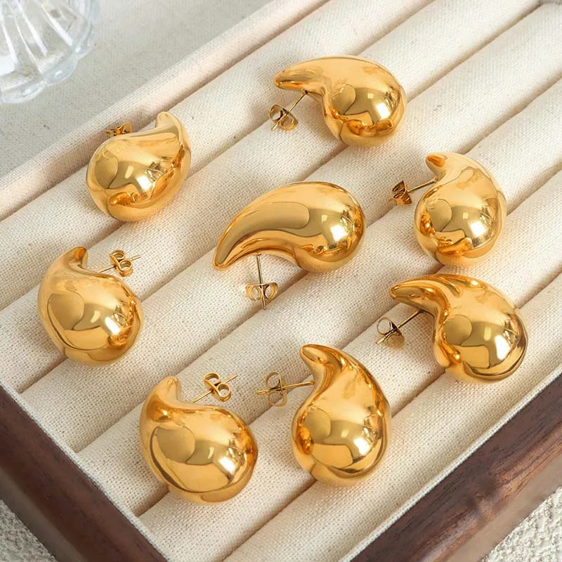 Vintage Gold Color Waterdrop Stud Earrings for Women Fashion Metal Glossy Thick y Teardrop Jewelry Gifts 241106