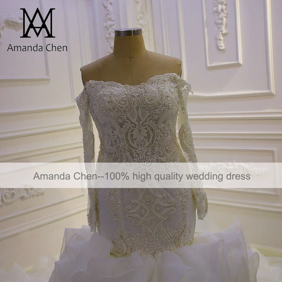 African Morden Off Shoulder Long Sleeve beading Mermaid Wedding Dress