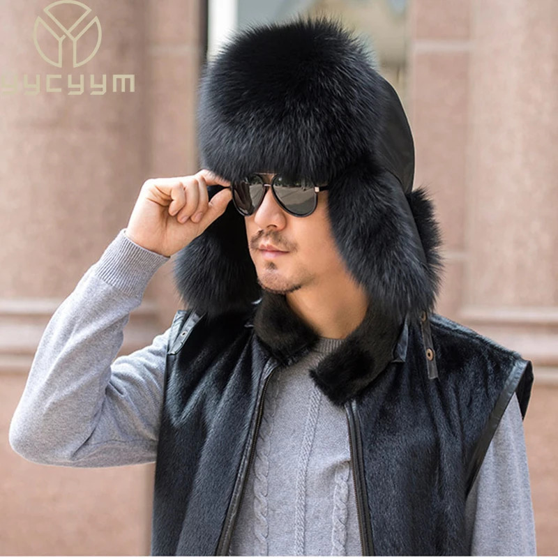 Winter Mens 100% Real Silver Fox Fur Bomber Hat Raccoon Fur Usanka Hat Catcher Russian Mens Ski Hat Real Leather 241106