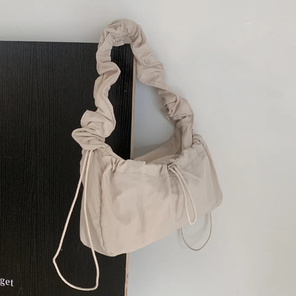 Simple brushed pleated shoulder bag solid color Korean style cloud cross body bag ballet core Y2K nylon underwear bag 241106