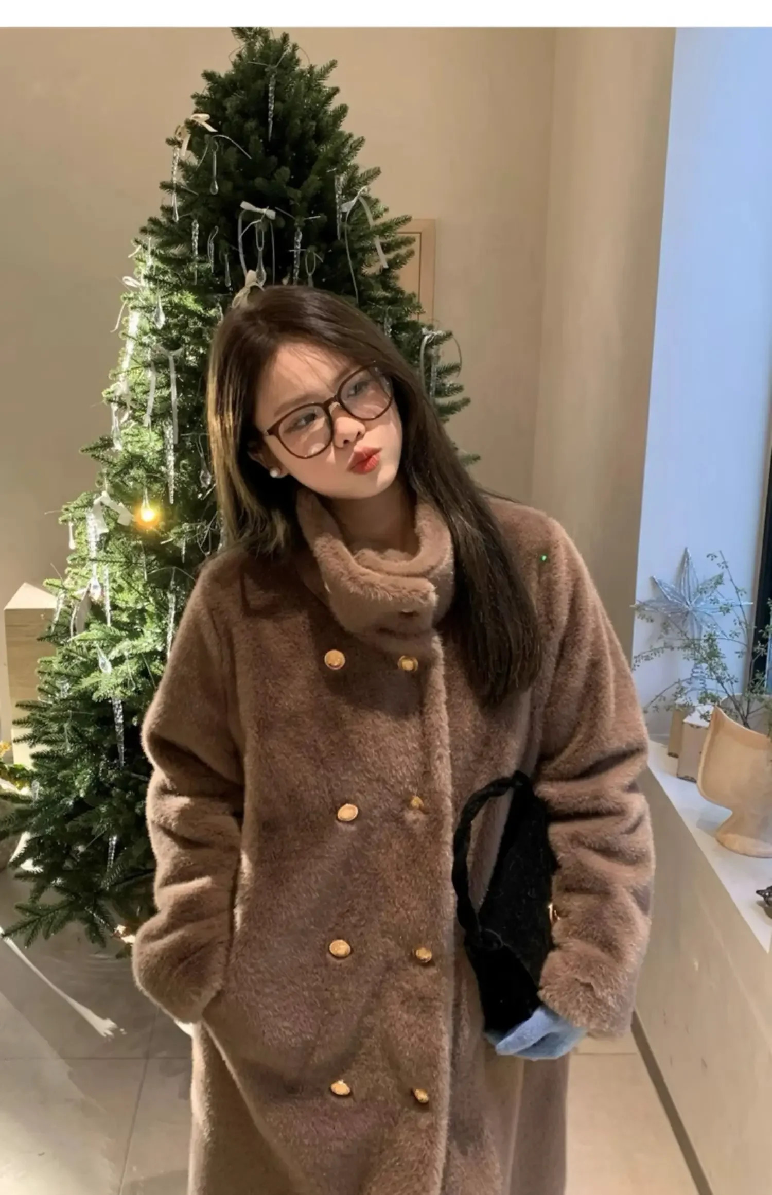 Mink coat womens plush fluffy warm double chest stand up collar long coat thick womens winter fashion coat 241107