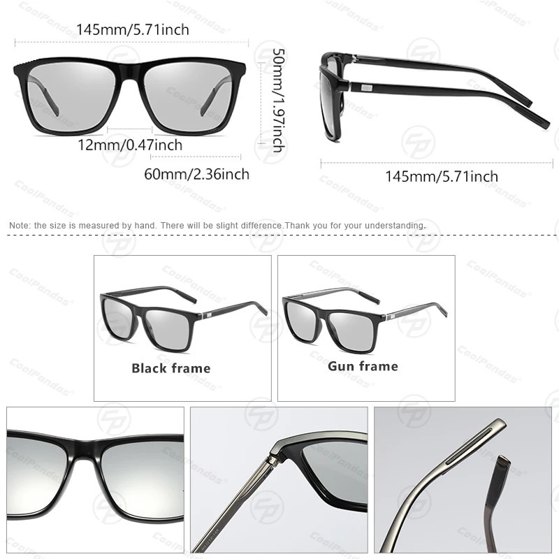 Classic square polarized sunglasses mens pochromic womens ultra light color changing glasses UV400 driving goggles 241106