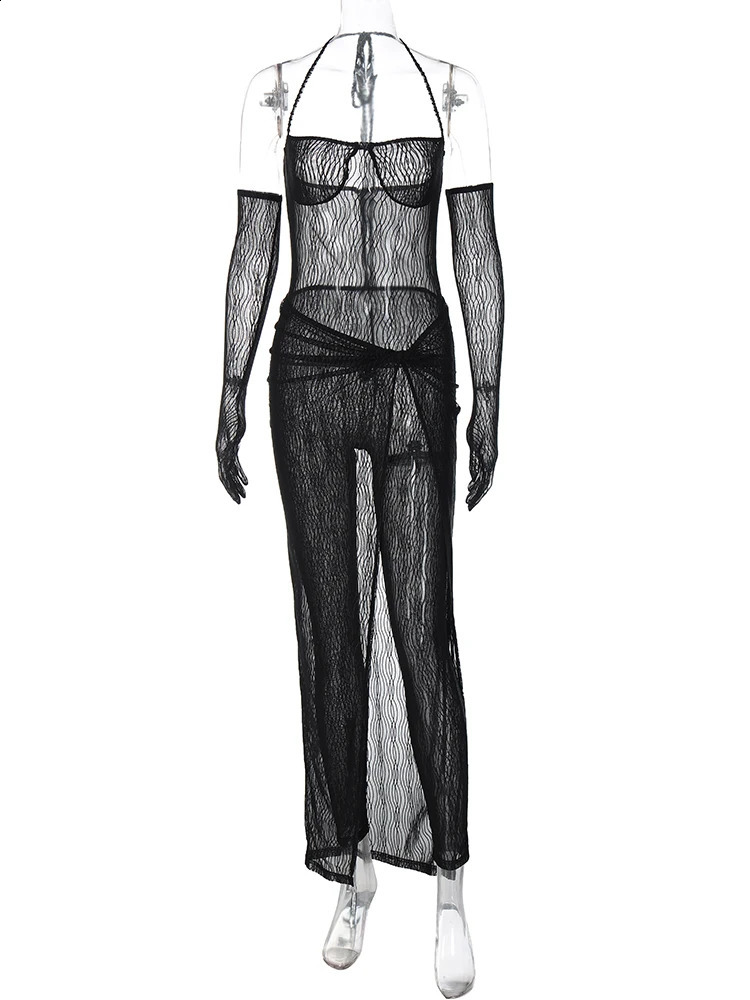Hugcitar Mesh Solid Halter Sleeveless Bandage With Gloves Jumpsuit Maxi Skirt 2 Pcs Set Fall Women Sexy Evening Party Clothes 240401