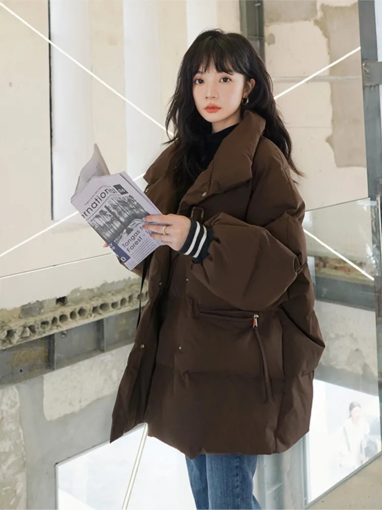 Brown Puffer Jacket Winter Womens Stand Collar Parkas Thick Warm Cap Botton Coat Korean Fashion Coat 241107
