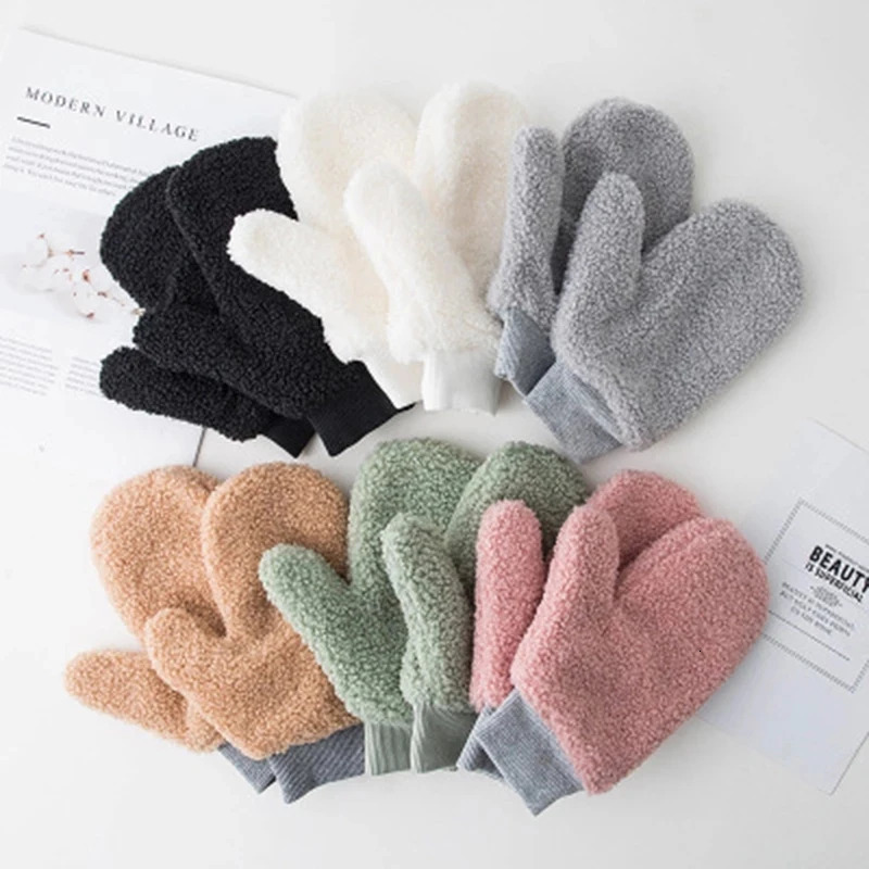 Winter cashmere suspender neck full finger warm connected finger Korean womens double-layer plush thick windproof bicycle gloves H36 241107