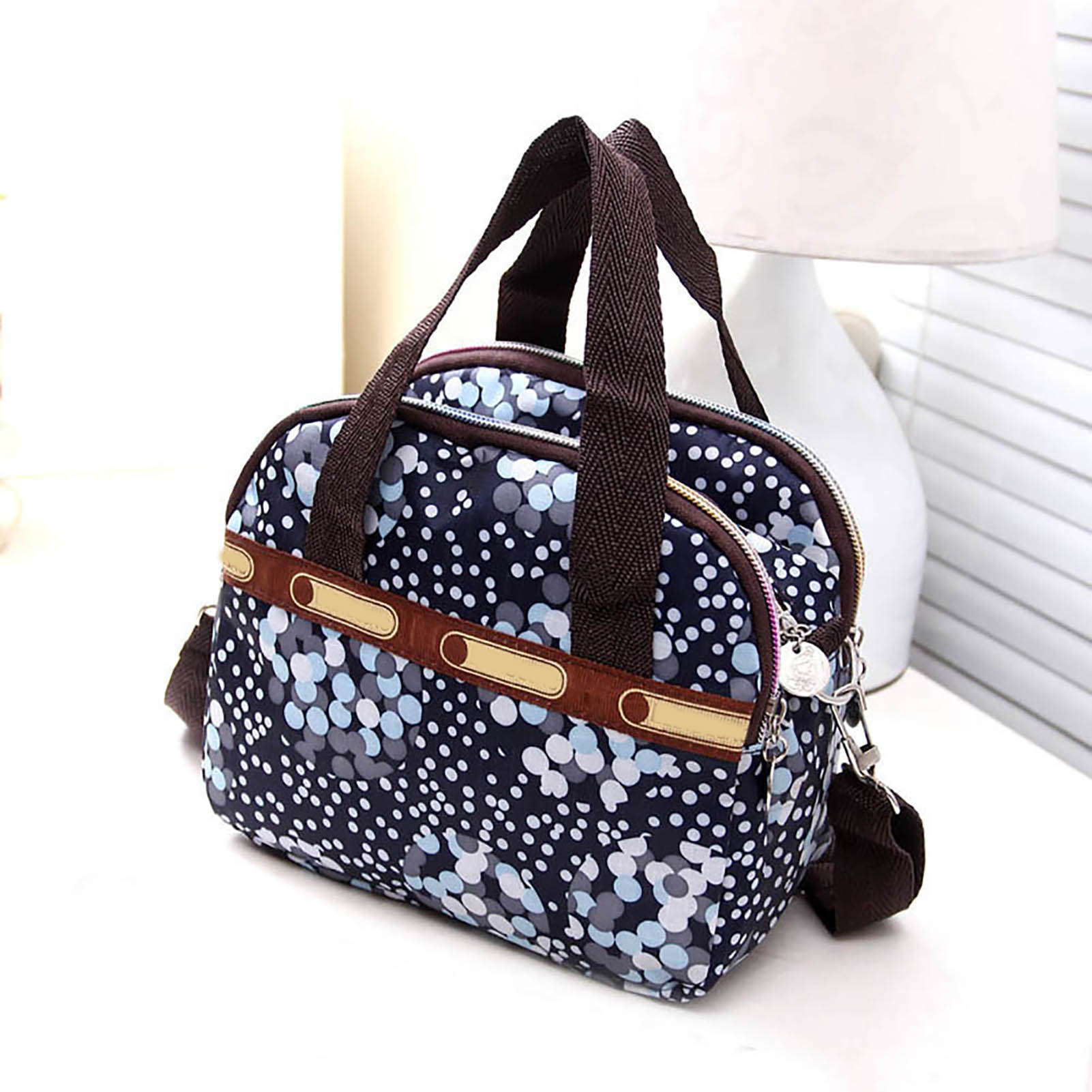 Colorful Floral Print Women Multi Pocket Zipper Tote Handbag Casual Nylon Crossbody Shoulder Bag