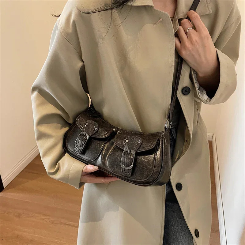 LEFTSIDE Fashion Double Pocket PU Leather Shoulder Bag Womens Top 10 Cross Body Bags Underwear Bags Handbags 241106
