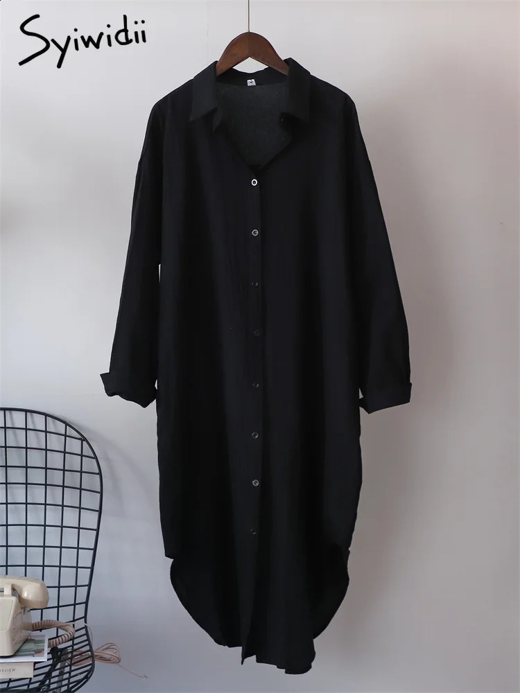 Syiwidii White Shirts Dress for Women Oversized Casual Cotton Loose Dresses Long Sleeve Button Up Blue Midi Long Blouses Dress 240325