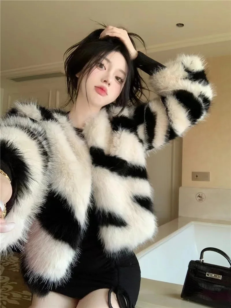 Korean fashion faux mink coat womens winter clothing Socialite style high-end warm casual zebra short fur jacket womens top 241107