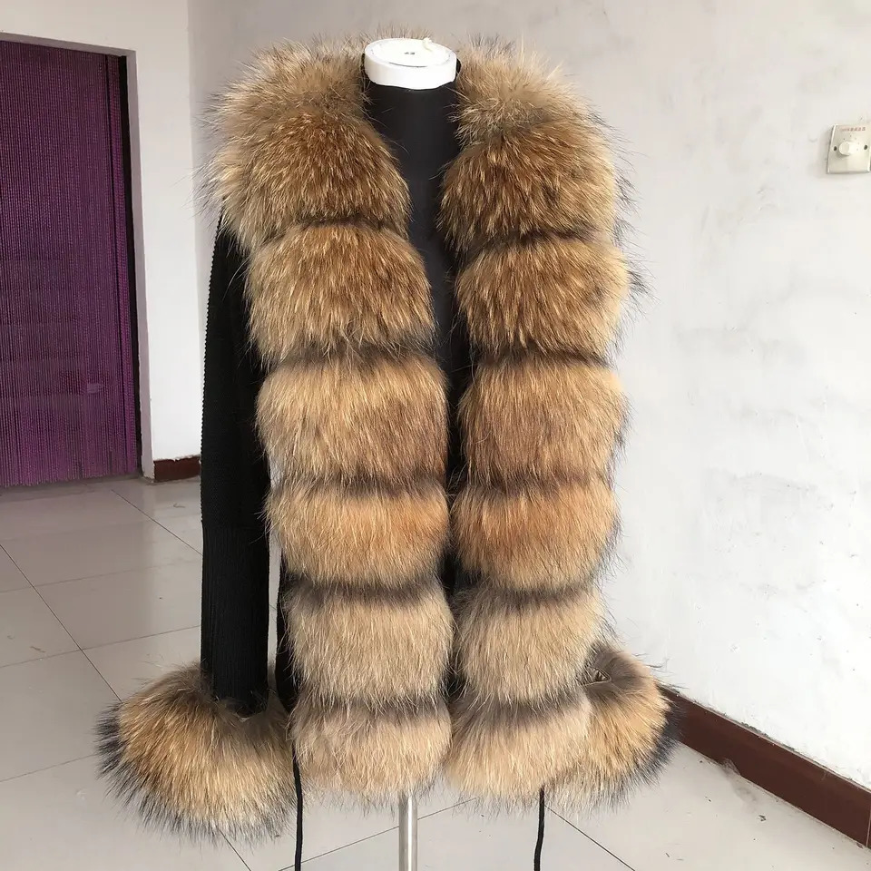 Womens spring and autumn sweater cardigan with fox fur collar fox fur leather jacket natural fox fur leather jacket 241107