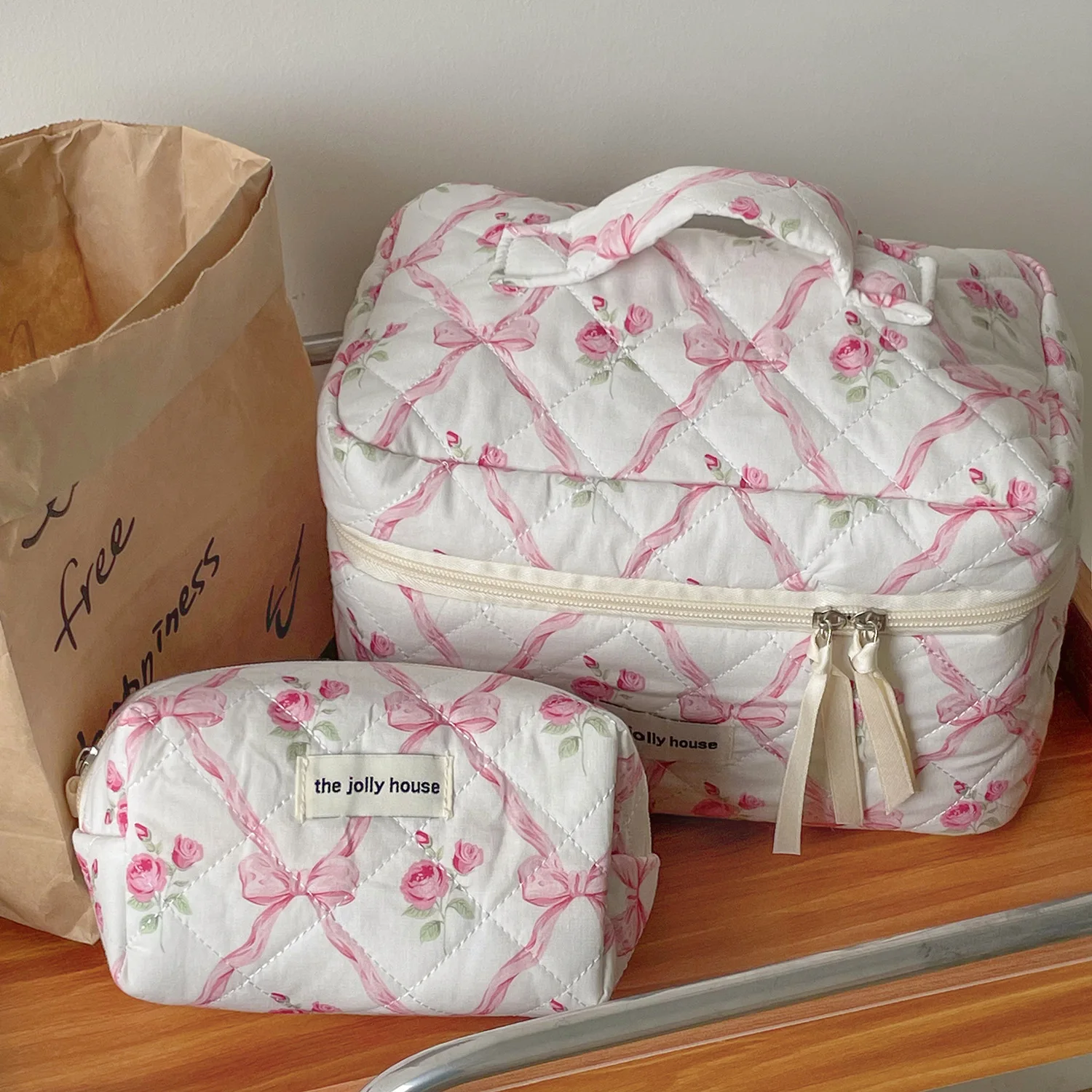 Cute Bow Flower Quilting Cotton Makeup Bag Court-style retro style Cosmetic Female Cloth Handbag Portable Toiletry Case for Girl