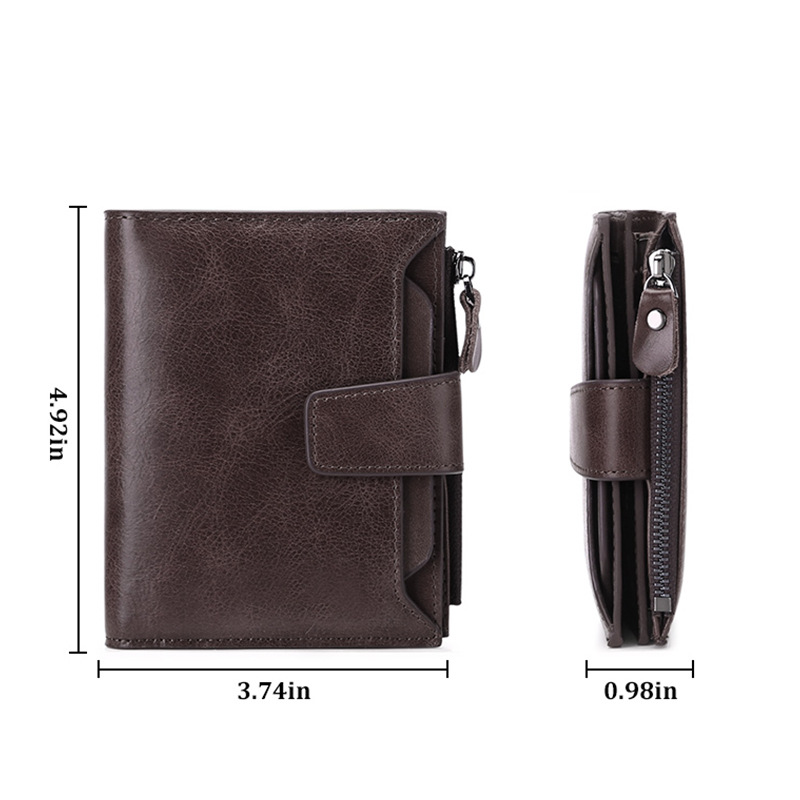 Classic Men's Vintage Genuine Leather Wallet Top Cowhide RFID Zipper Coin Purse Credit Card Holder for Men