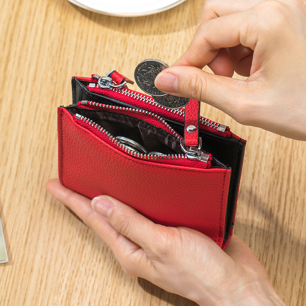 Genuine Cow Leather Double Zipper Pockets Ladies Short Wallet Quality Hasp Purse ID Card Holders Bill Cash Wallet Purse