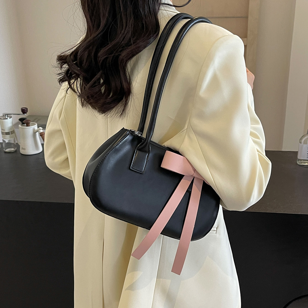 Women Leisure Armpit Handbag with Bow Fashion Shoulder Purse Contrast Color Travel Underarm Handbag Girls Outdoor Daily Bag