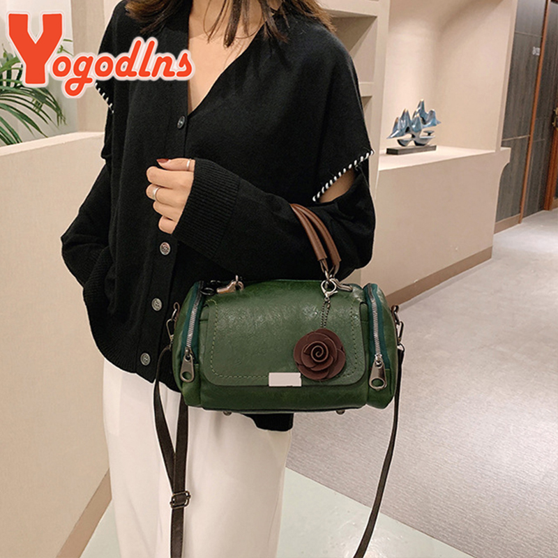 Yogodlns Fashion Flowers Pendant Handbag Women's Boston Bags Large Capacity Shoulder Bag Ladies Crossbody Bag PU Messenger Bag