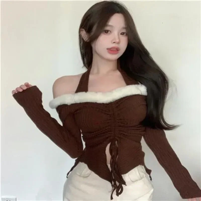 Kimotimo Y2k Pullover Women Autumn Fur Collar Halter Slim Long Sleeve Knit Crop Top Korean Drawstring Temperament Sweater 241107