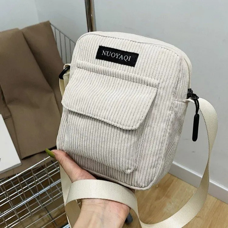 Women Corduroy Shoulder Bags Striped Cloth Fabric Handbags Casual Zip Tote Canvas Crossbody Bag Cute Shopping for Ladies 241106