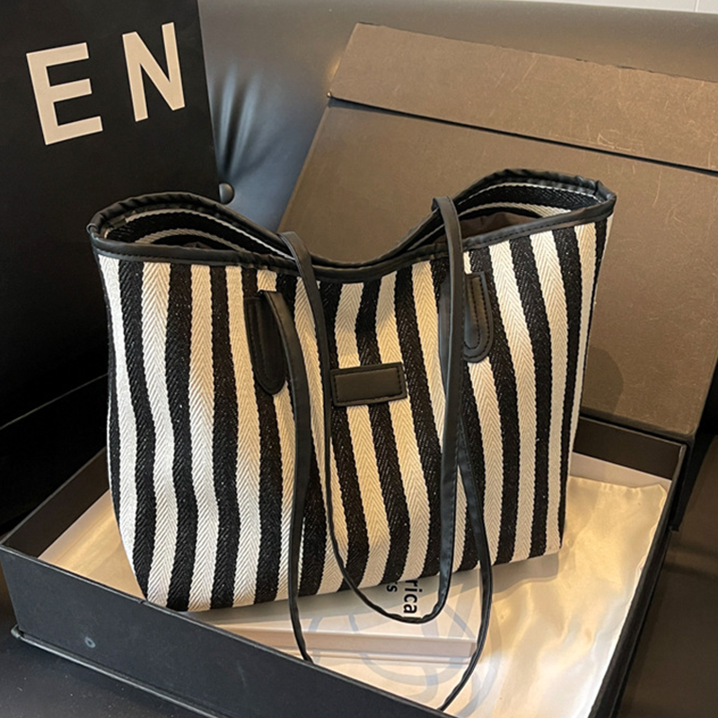 Canvas Bag For Women Large Tote Shoulder Shopping Striped Hand Bag Female Soft Fabric Cotton Black And White Big Casual Ladies