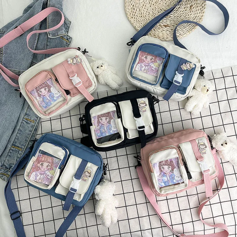 Kawaii Girls Bag Fashion Student Women Cute Canvas Bag Mutipockets Transparent Crossbody Bags Woman New Shoulder Bag Bolsa Mujer