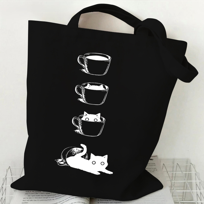 Fashion Canvas Tote Bag Cup of Black Cat Print Large Capacity Teen Shoulder Shopping Bag Cartoon Fashion Kitten Women's Handbags