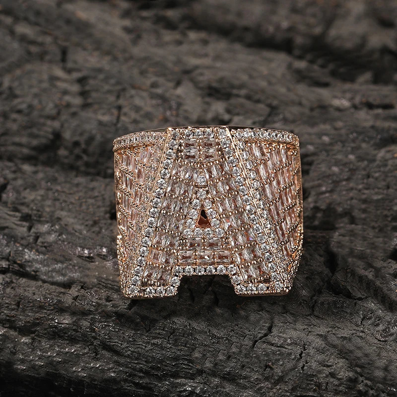 Customized 1 letter ring 5CZ stone sparkling ice out round finger ring mens hip-hop rap jewelry rose gold silver 241106