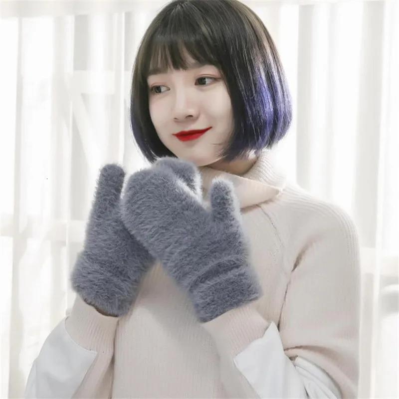 1 pair of winter knitted womens gloves warm and thick with connected fingers womens plush Korean solid full finger cute mink velvet gloves 241107