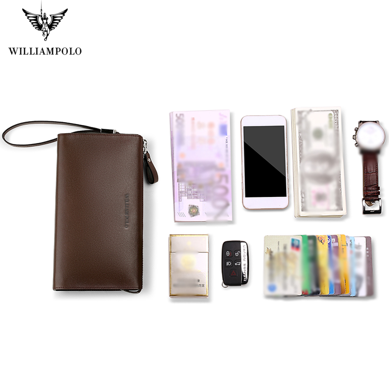 WILLIAMPOLO Luxury Brand Men Genuine Leather Wallet Anti-theft Wristlet Storage Zipper wallet Multifunctional waterproof wallet