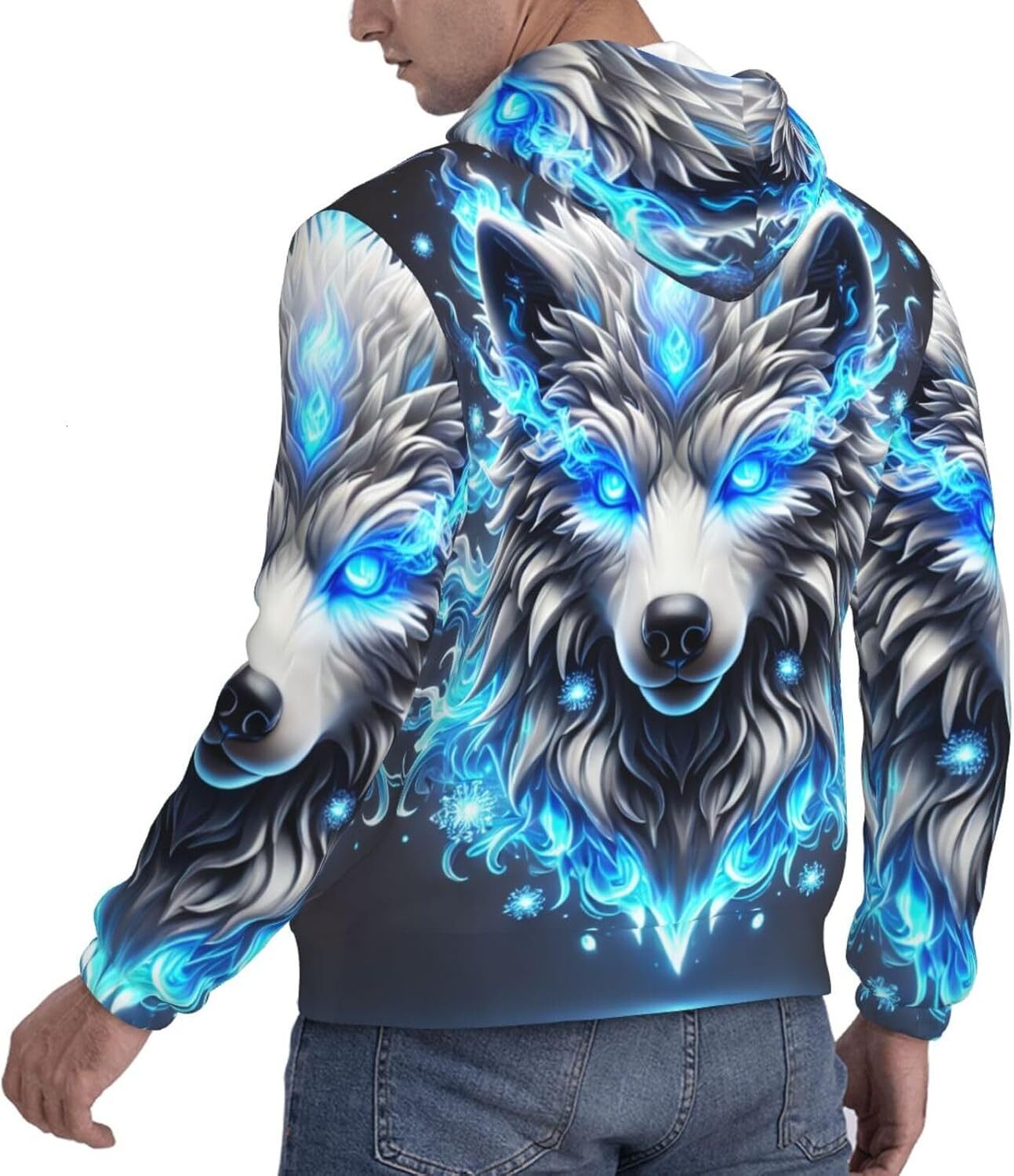 Hoodie for Mens Womens Mens Sweatshirt Fantasy Blue Wolf 3d Face Hoodie Sport Hip Hop Hooded Pullover Tops Graphic Cool blue pattern