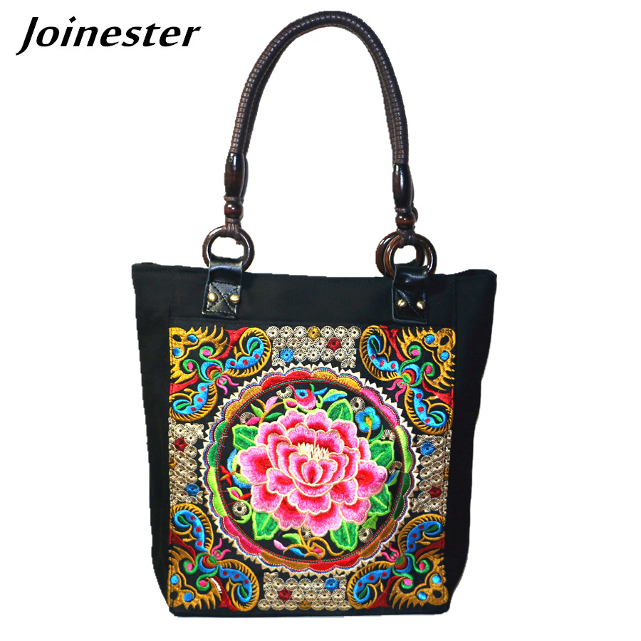 Canvas Cotton Women Ethnic Flower Embroider Shoulder Bag Casual Travel Hand Tote Shopping Bag Vintage Beach Bag Beading Handle