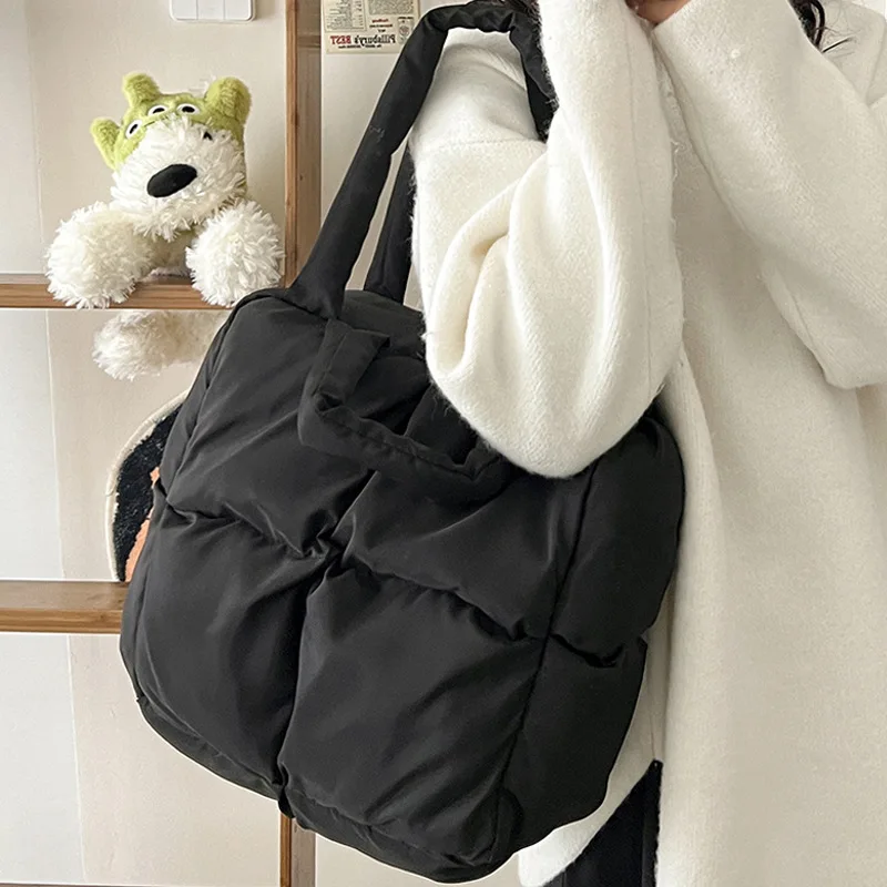 Women Retro Checkered Quilted Shoulder Bag Solid Color Soft Handbags Soft Tote Pink Sapce Padded Underarm Bag