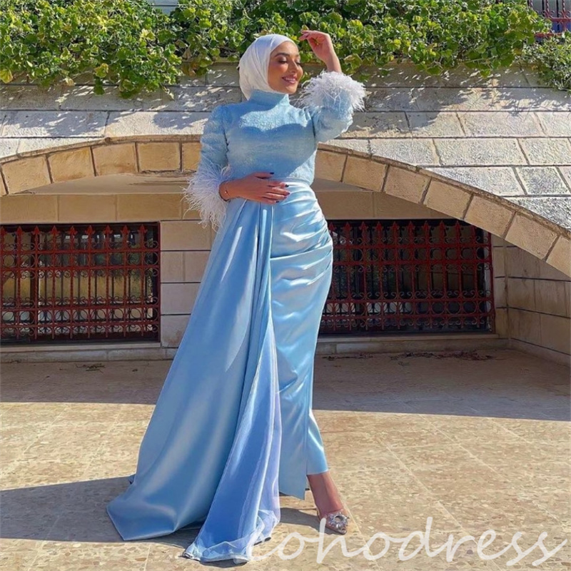 Baby Blue Muslim Evening Dresses With Train Glitter Sequin Long Sleeve Feather Prom Dress Islamic Abaya Dubai Brithday Dress Formal Occasion Vestio Fi