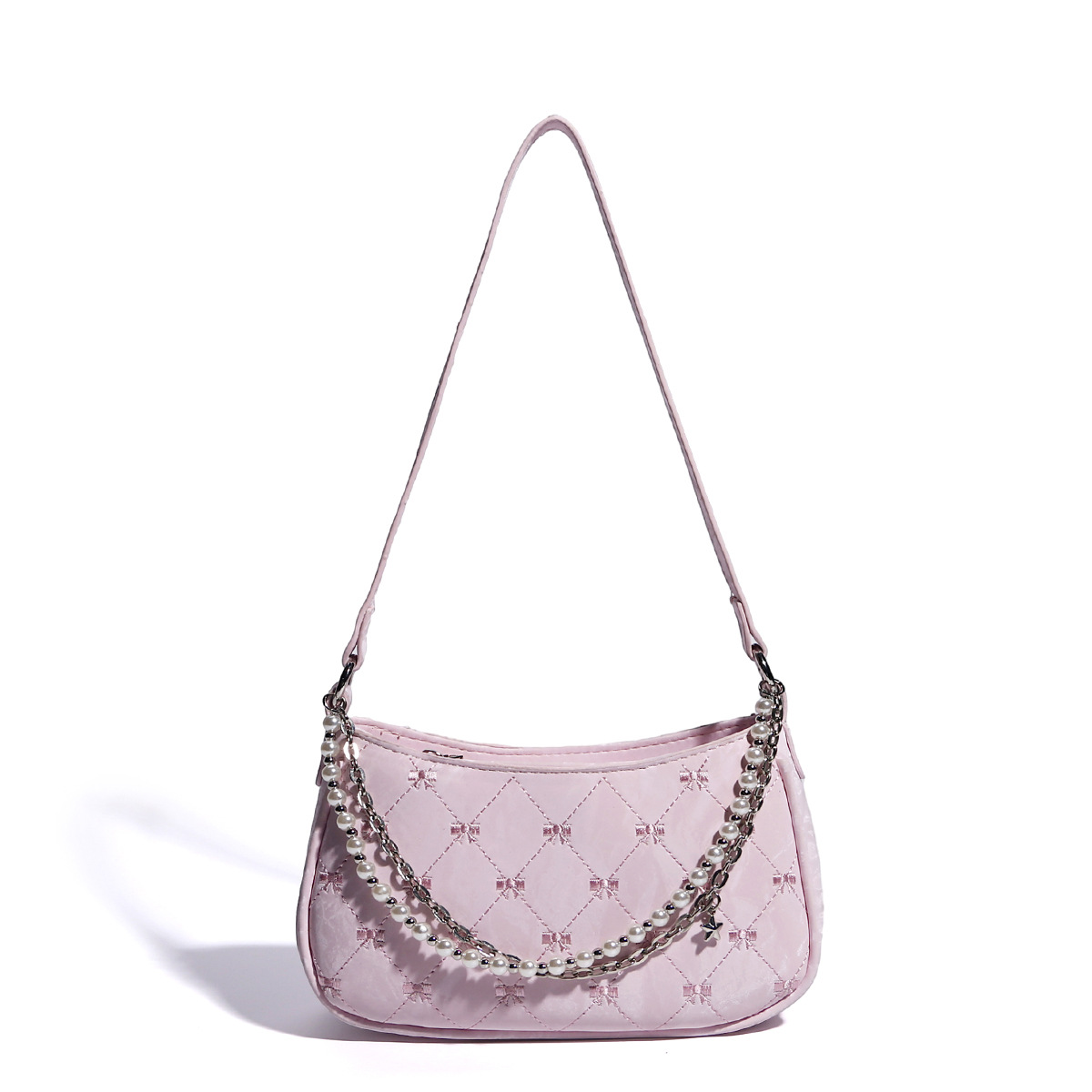 Women's New Bag Pink Pearl Metal Double Chain Underarm Handbag White Commuter Bags
