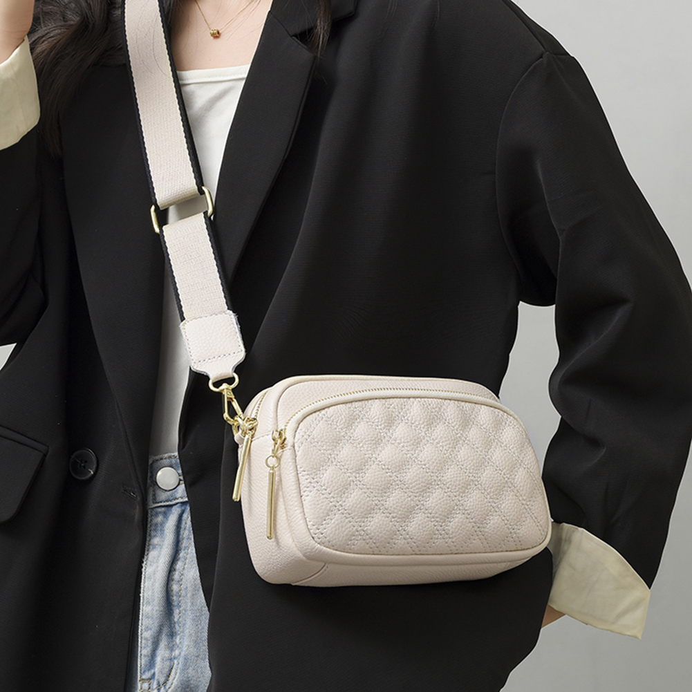 Cowhide Leather Crossbody Bag Women Multi-layer Pocket Fashion Shoulder Bag Wide Strap Solid Satchel Rhombus Pattern Sling Purse
