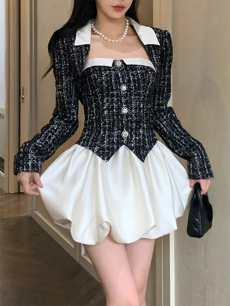 Elegant 2 Piece Dress Set Woman Black Crop Tops Slim Sleeveless Y2k Mini Corest Corset Korean Fashion Suit 2023 Autumn 240402