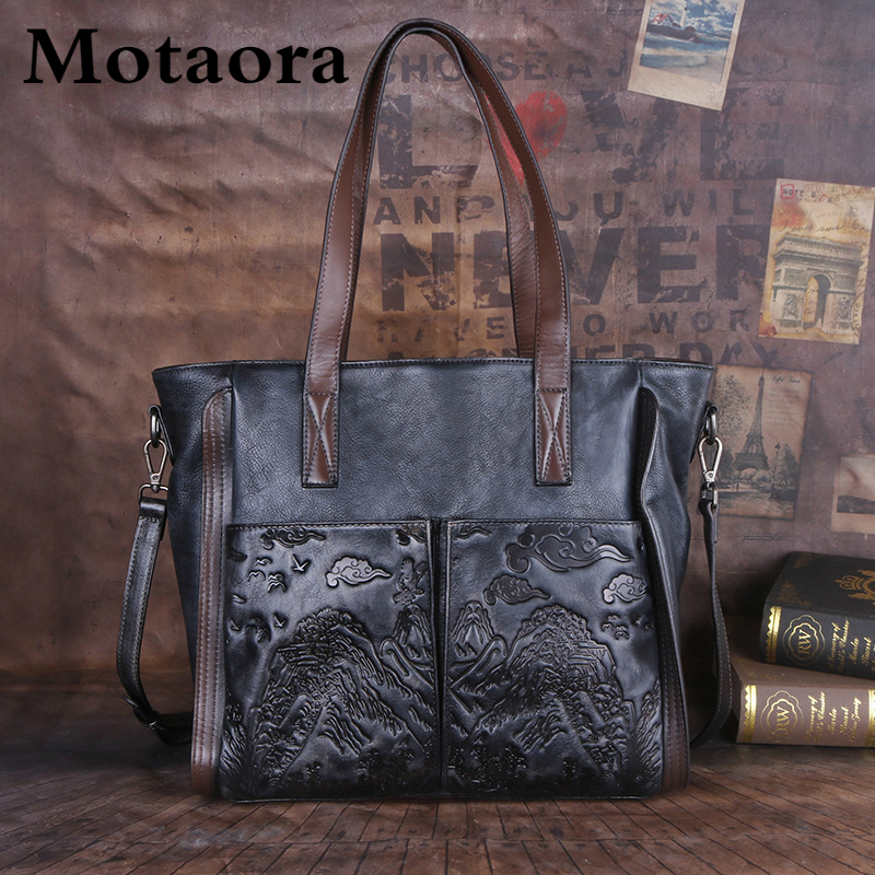 MOTAORA Vintage Women Shoulder Bag Luxury Genuine Leather Handbag For Women 2023 New casual Handmade Embossed Tote Bag Ladies