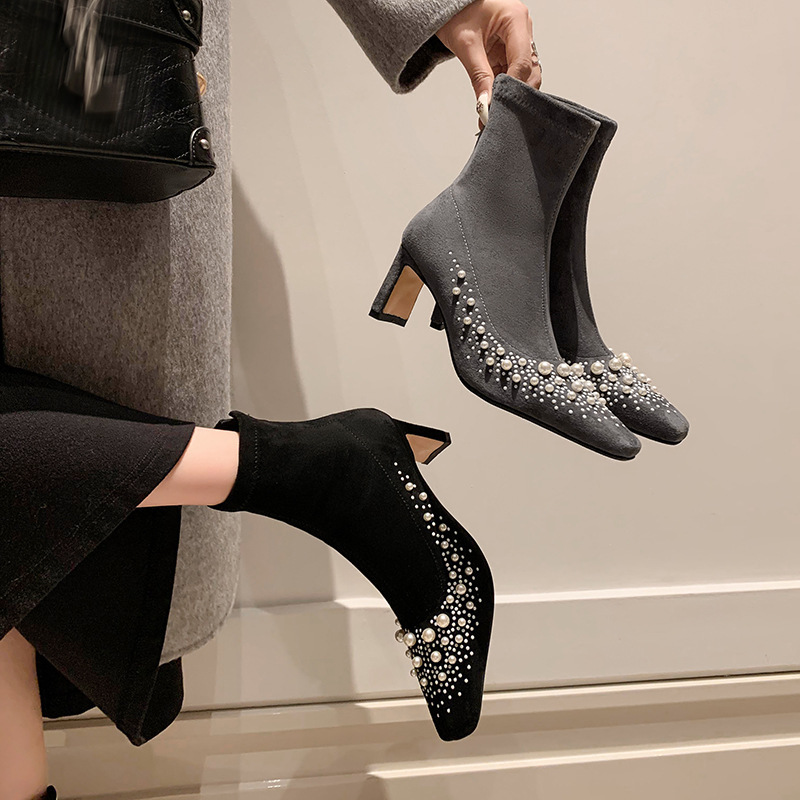 Women's Fashion Boots:Pearl Design High Heels Suede Slim French Square Toe Versatile,Black/Grey,fashion