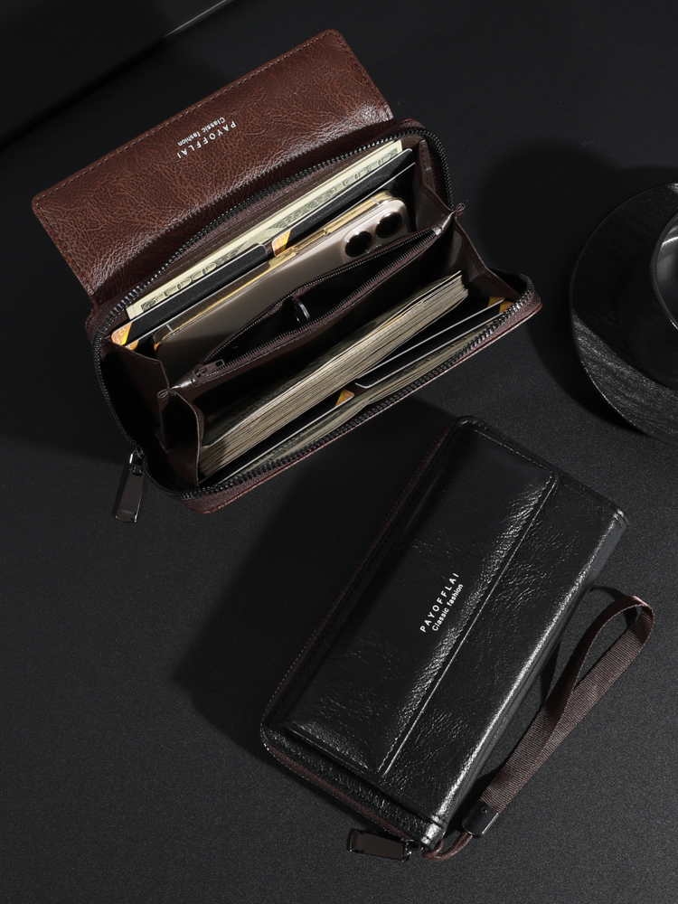 PT048,Men's PU Zipper Handbag Large Capacity Long Clutch Phone Bag Multi Card Holder Coin Purse Wallet Double Layer