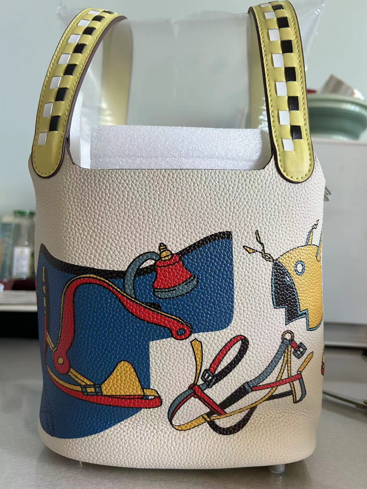 Cowhide Painted Vegetable Basket Designer Women's Handbag Ethnic Style Genuine Leather Bucket Fashion Shoulder Bag Commuting