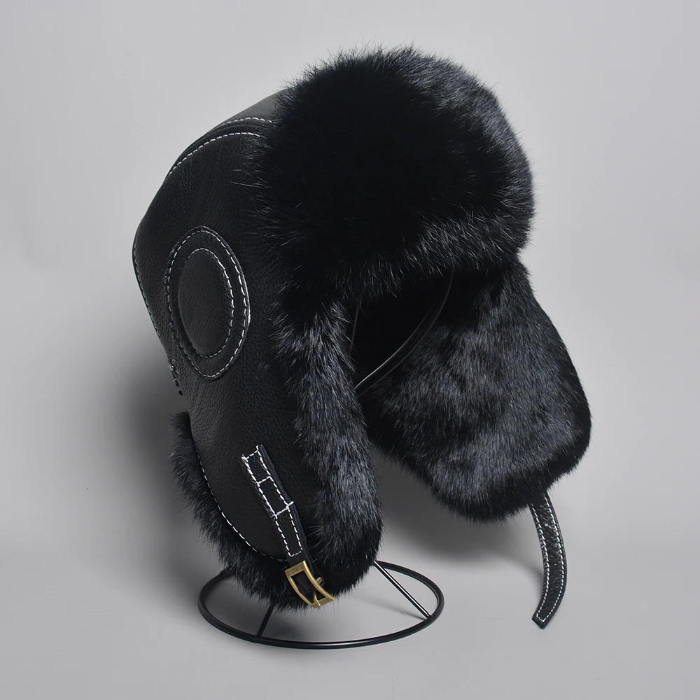 Winter Mens 100% Genuine Rabbit Fur Bomber Hat Wusanka Hat Hunter Russian Mens Ski Hat Genuine Sheepskin 241106