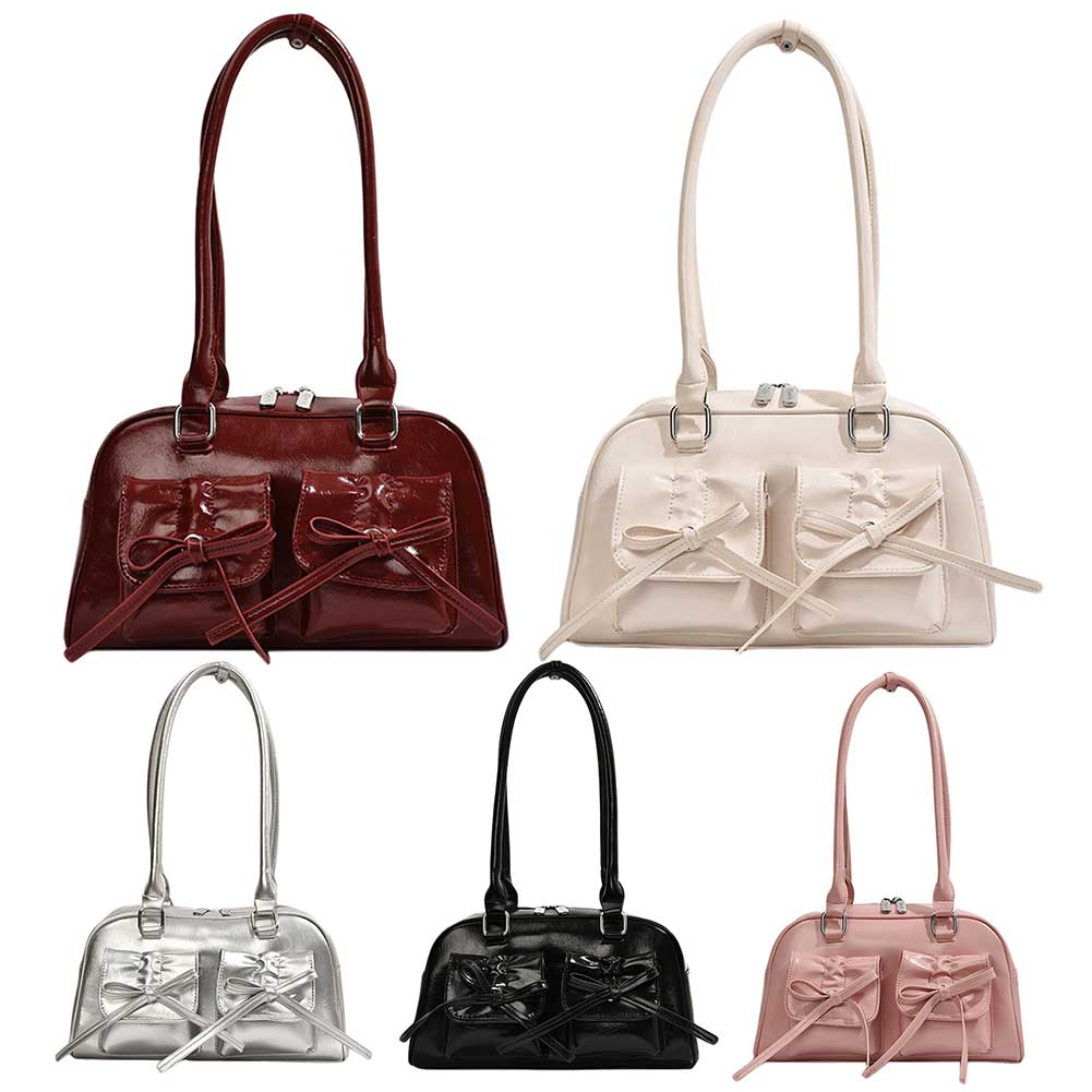 Women Fashion Shoulder Bag Double Pockets PU Leather Daily Commuting Bag with Bow Simple Shopping Bag Solid Color Chic Hobo Bag