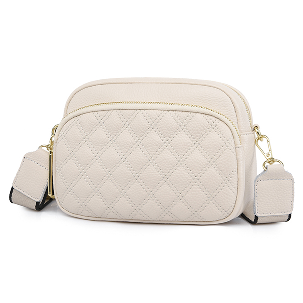 Cowhide Leather Crossbody Bag Women Multi-layer Pocket Fashion Shoulder Bag Wide Strap Solid Satchel Rhombus Pattern Sling Purse