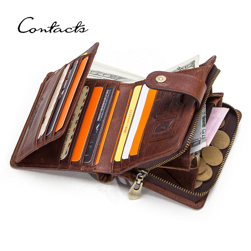CONTACT'S Genuine Leather Wallets for Men Short Trifold Casual Men's Wallet Luxury Brand Zip Coin Purses Card Holders Money Clip