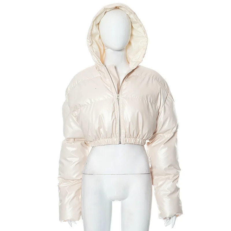 Winter Cute Womens PU Leather Hooded Puff Jacket Thick Warm Waist Bubble Coat Zipper Hoodie Parka Jacket 241107