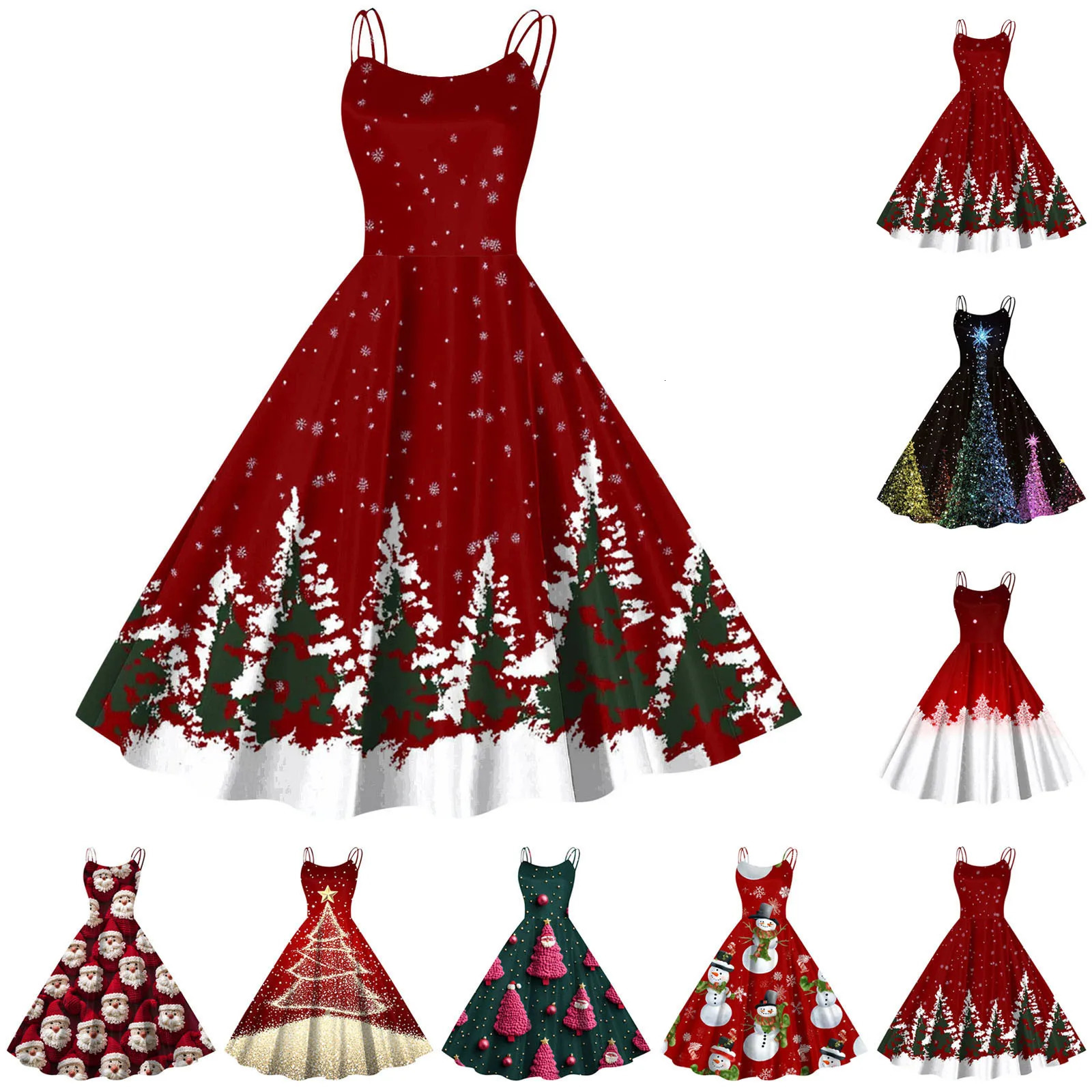 Christmas Cosplay Costumes Santa Claus Print Party Prom Dress for Women Sexy Straps Holiday Party Cocktail Evening Dresses Robe 241107